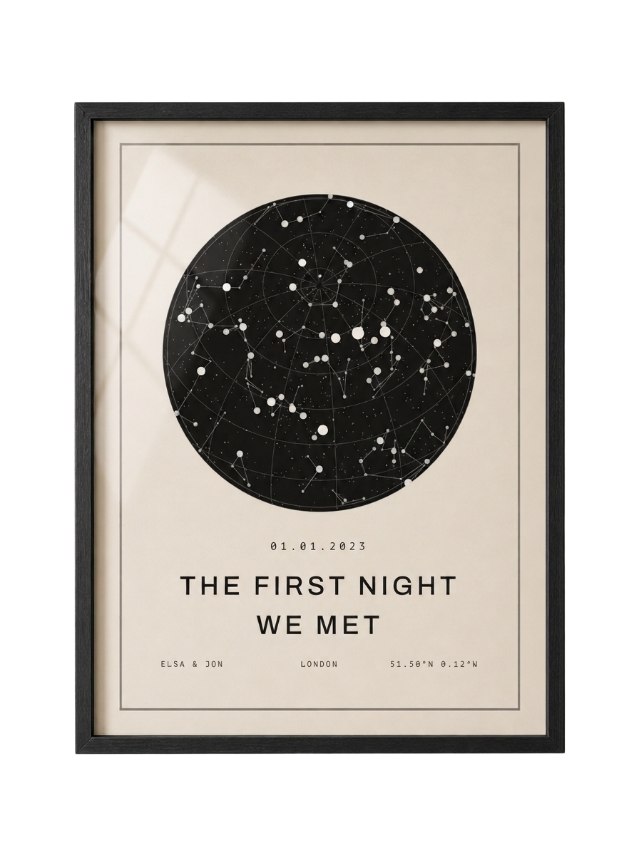 Framed star map print titled The First Night We Met