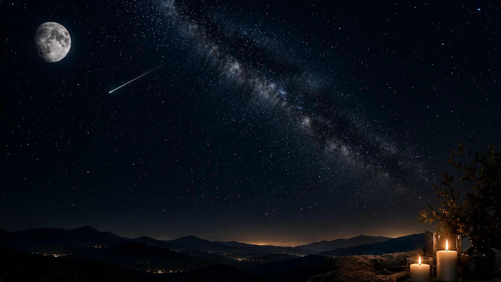 Moonlit mountain valley under the Milky Way with candles glowing in the foreground
