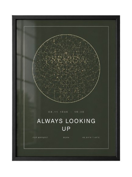 Framed green star map print titled Always Looking Up