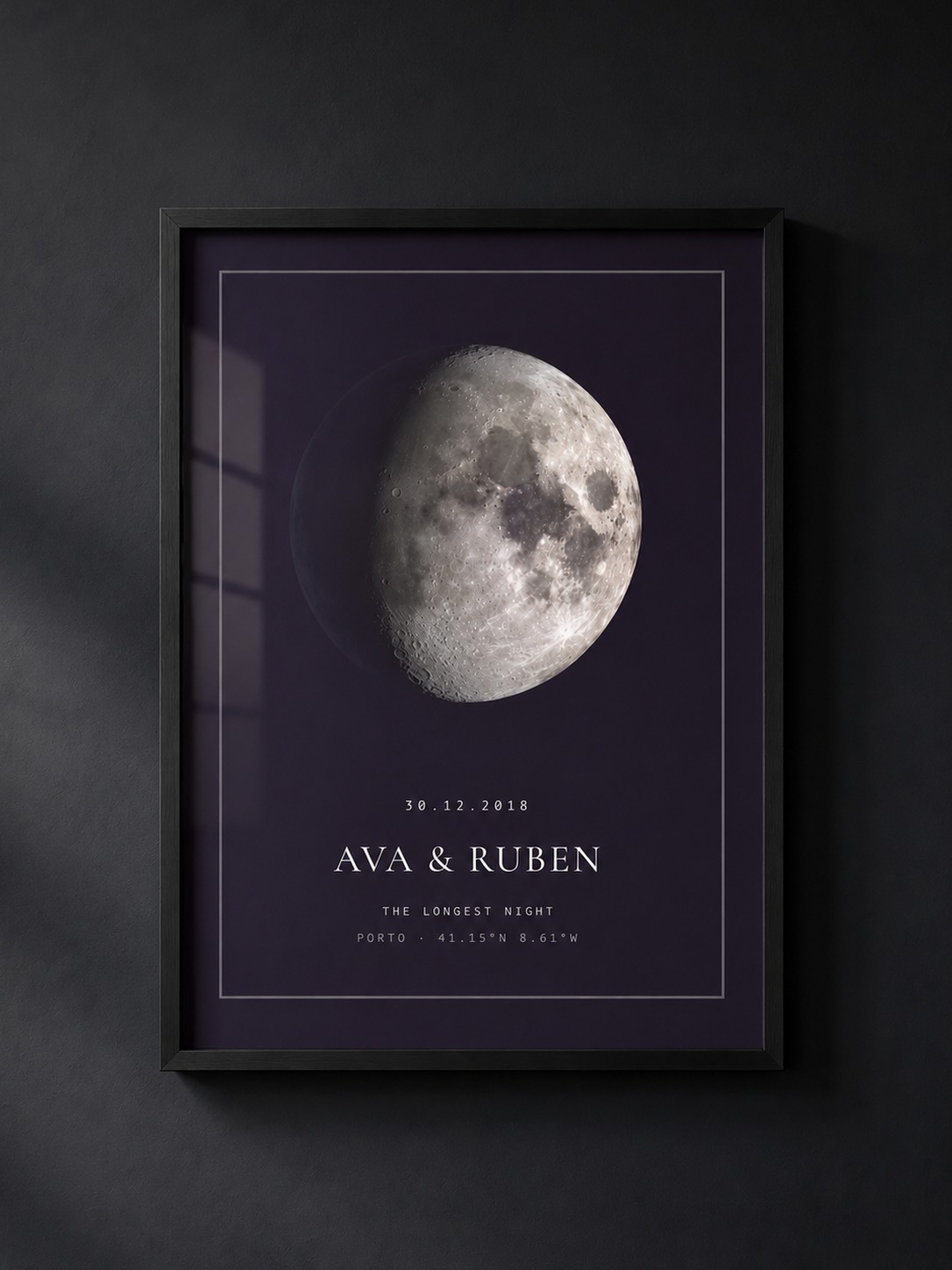 Framed deep violet moon phase print titled Ava & Ruben