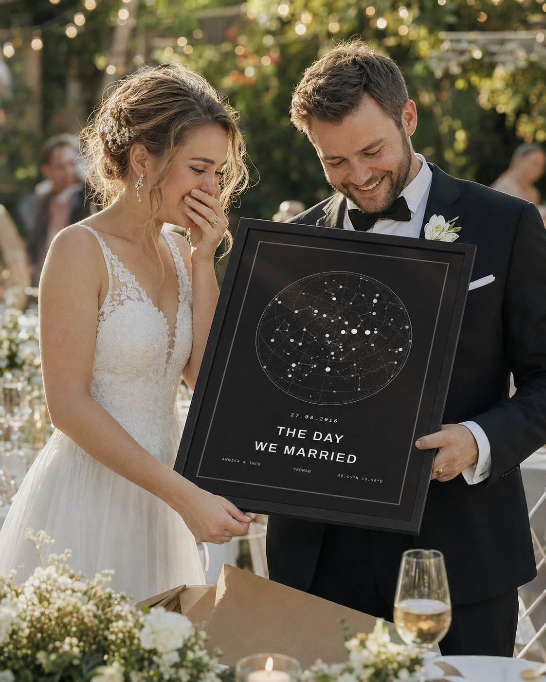 Newlyweds opening a framed black star map at their wedding