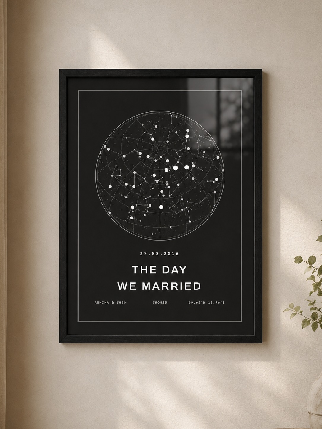Framed black star map print titled The Day We Married