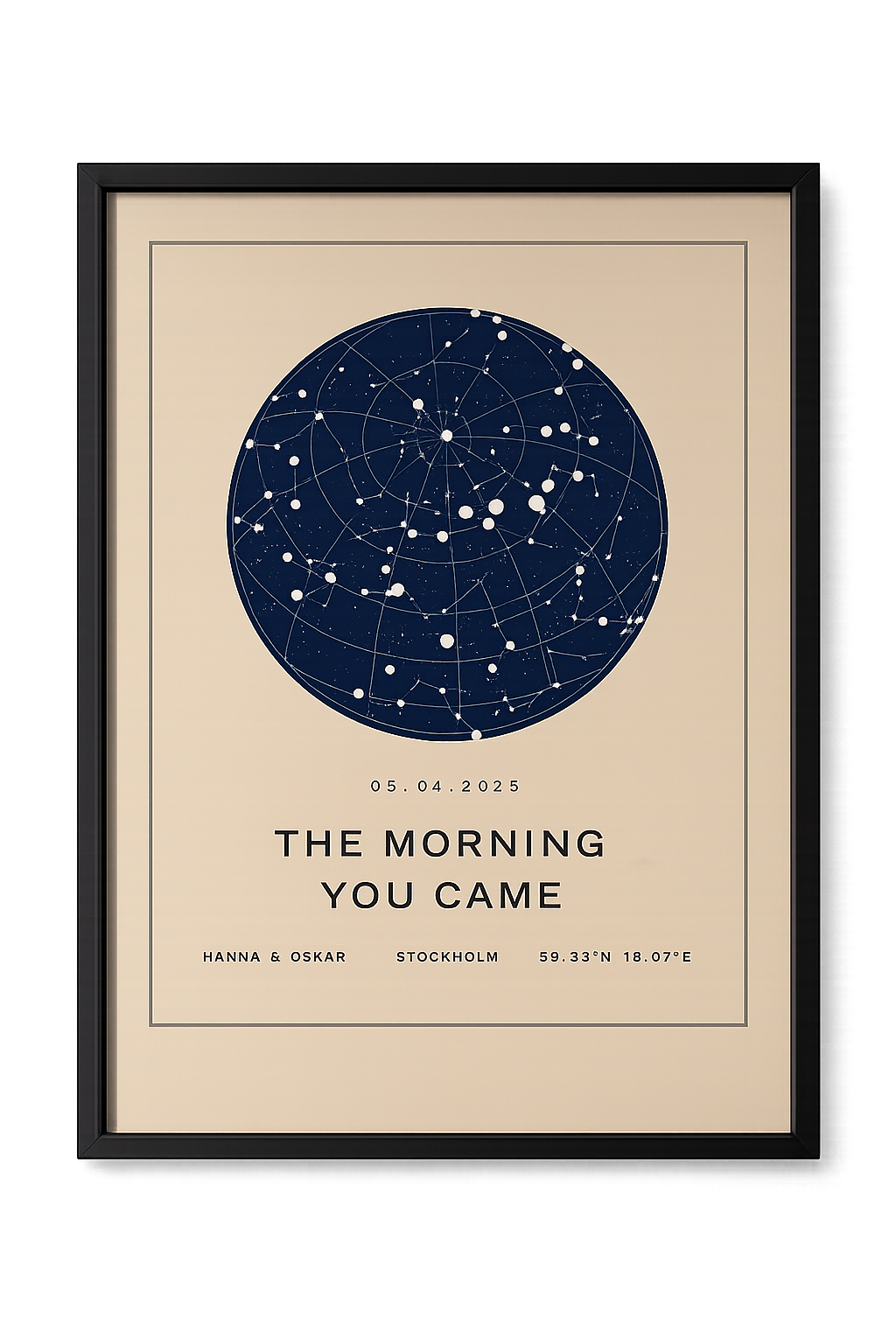 Navy star map print on cream paper titled The Morning You Came