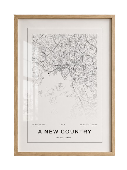 Oak-framed street map print titled A New Country